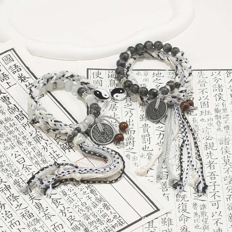 既白南兮 无极之道花钱阴阳太极八卦 合金闪光石手搓棉线编织 手链 男女同款情侣款