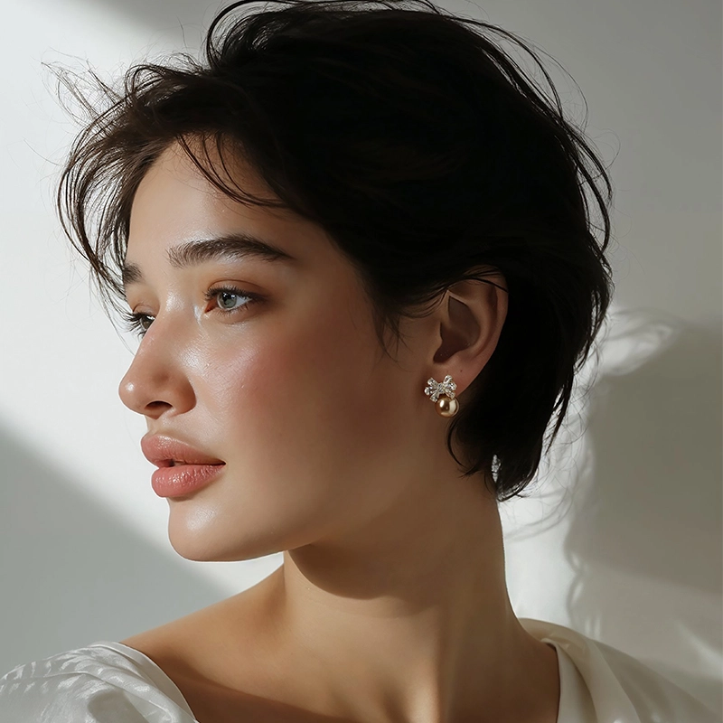 一撇一捺 莉莉安花园蝴蝶结仿珍珠 气质小众设计轻奢 合金 耳环 女款
