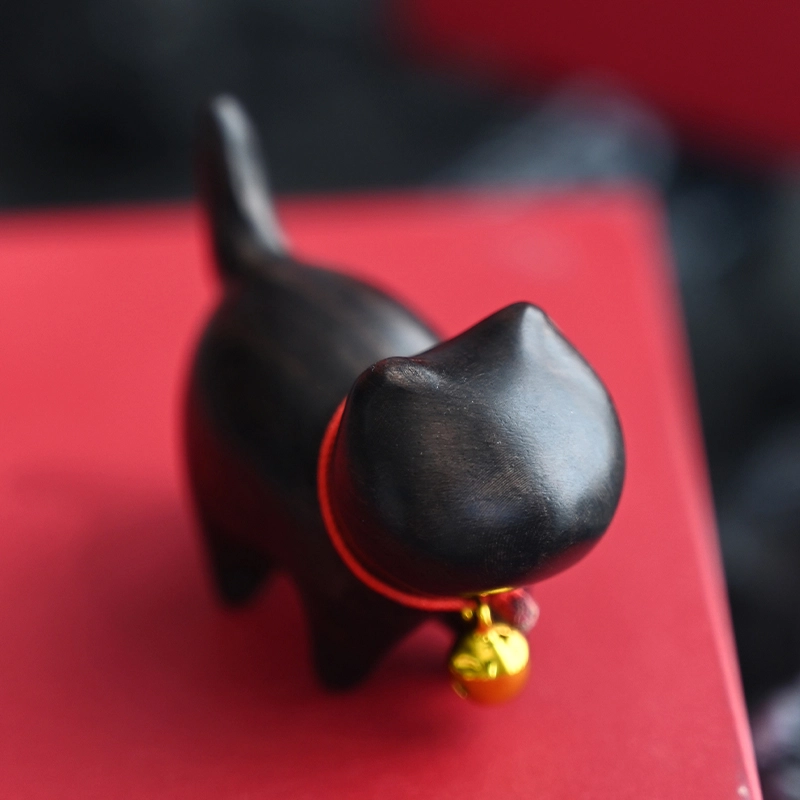 天纵 紫光檀无脸猫木作摆件 招财小铃铛创意可爱小猫咪 男女通用