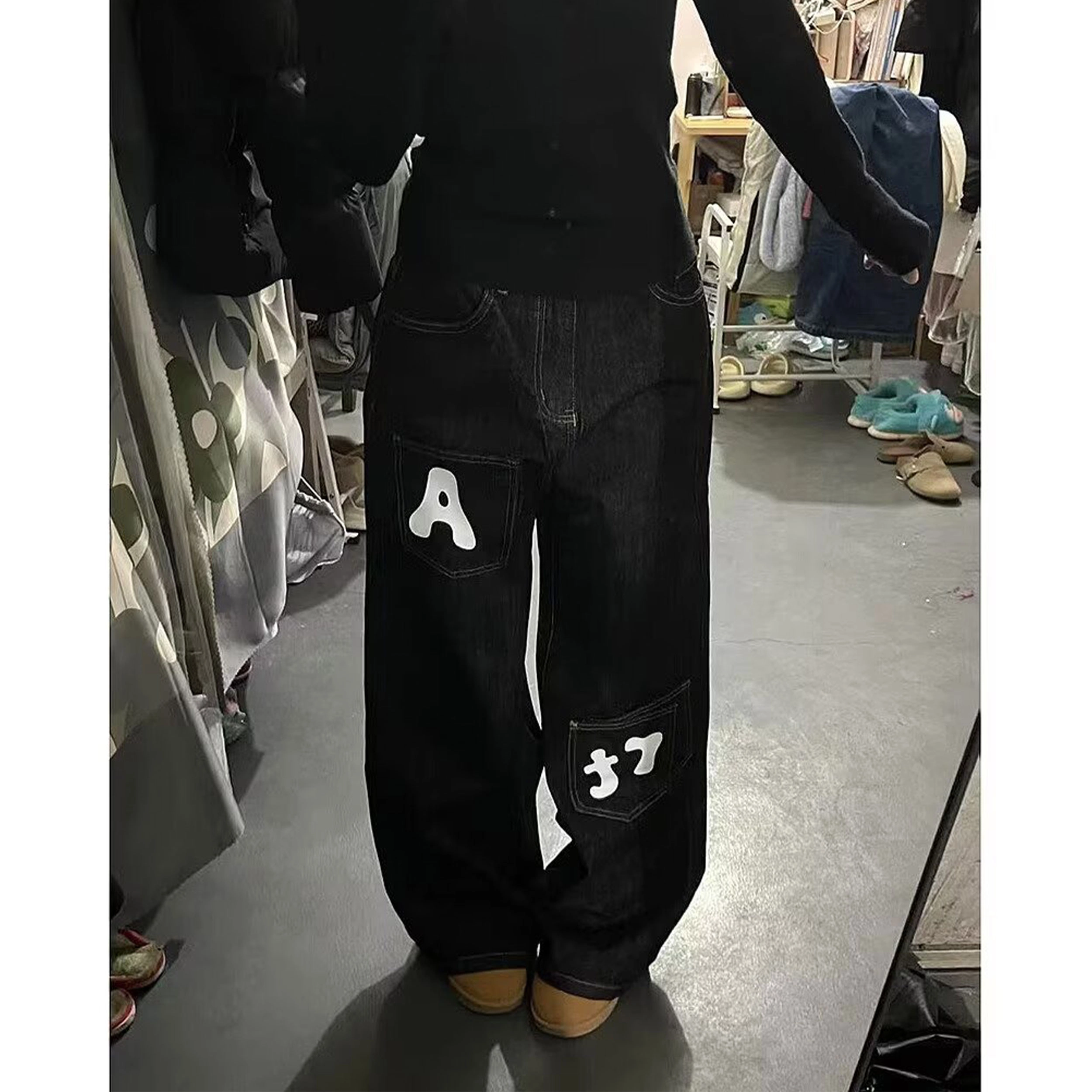 寻星记 美式复古高街基础款做旧水洗拼接多口袋趣味卡通可爱字母印花小众设计高级感休闲宽松运动裤百搭潮流痞帅直筒阔腿牛仔裤 男女同款