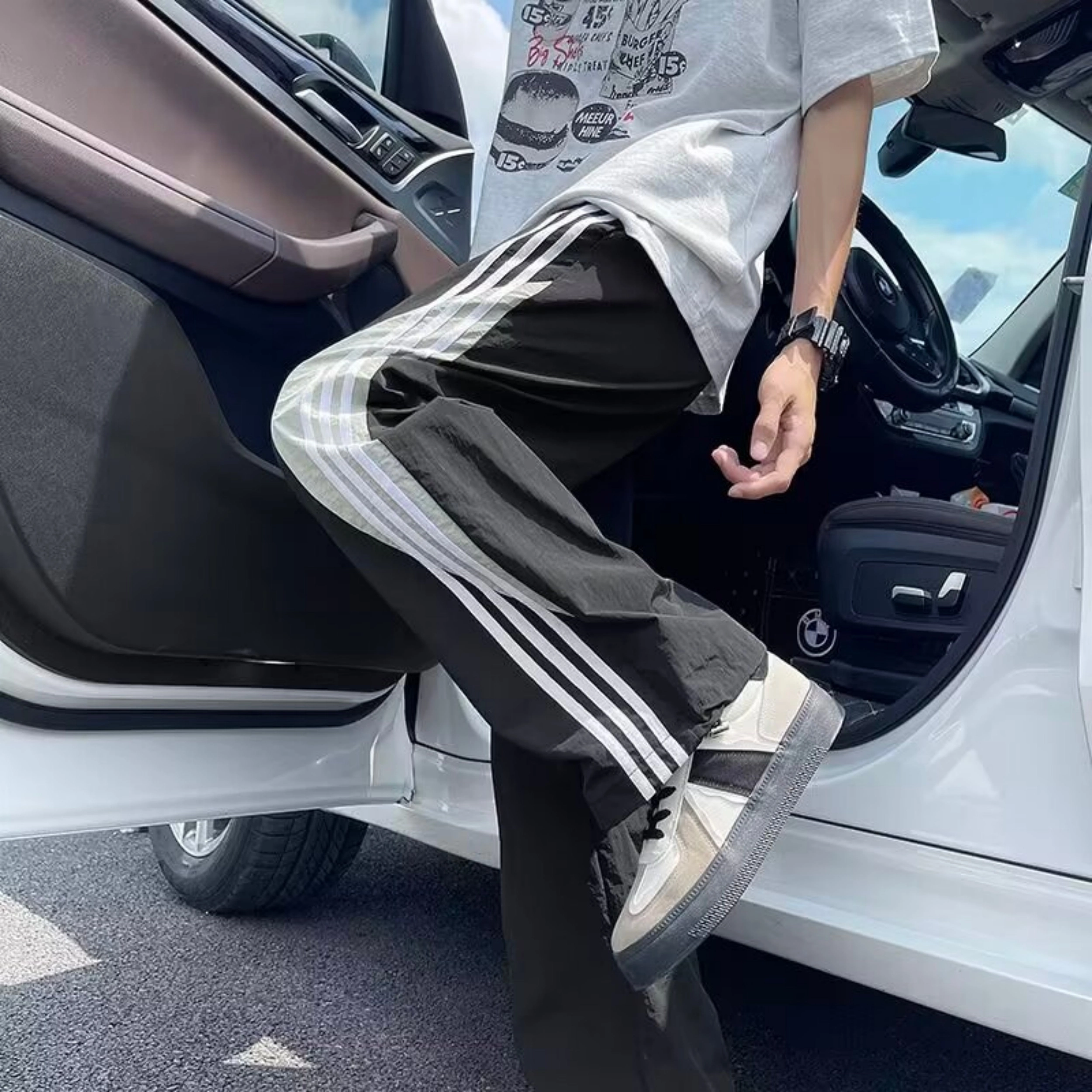 寻星记 美式复古高街风侧边三条杠拼接阔腿潮流运动直筒裤休闲裤 男女同款