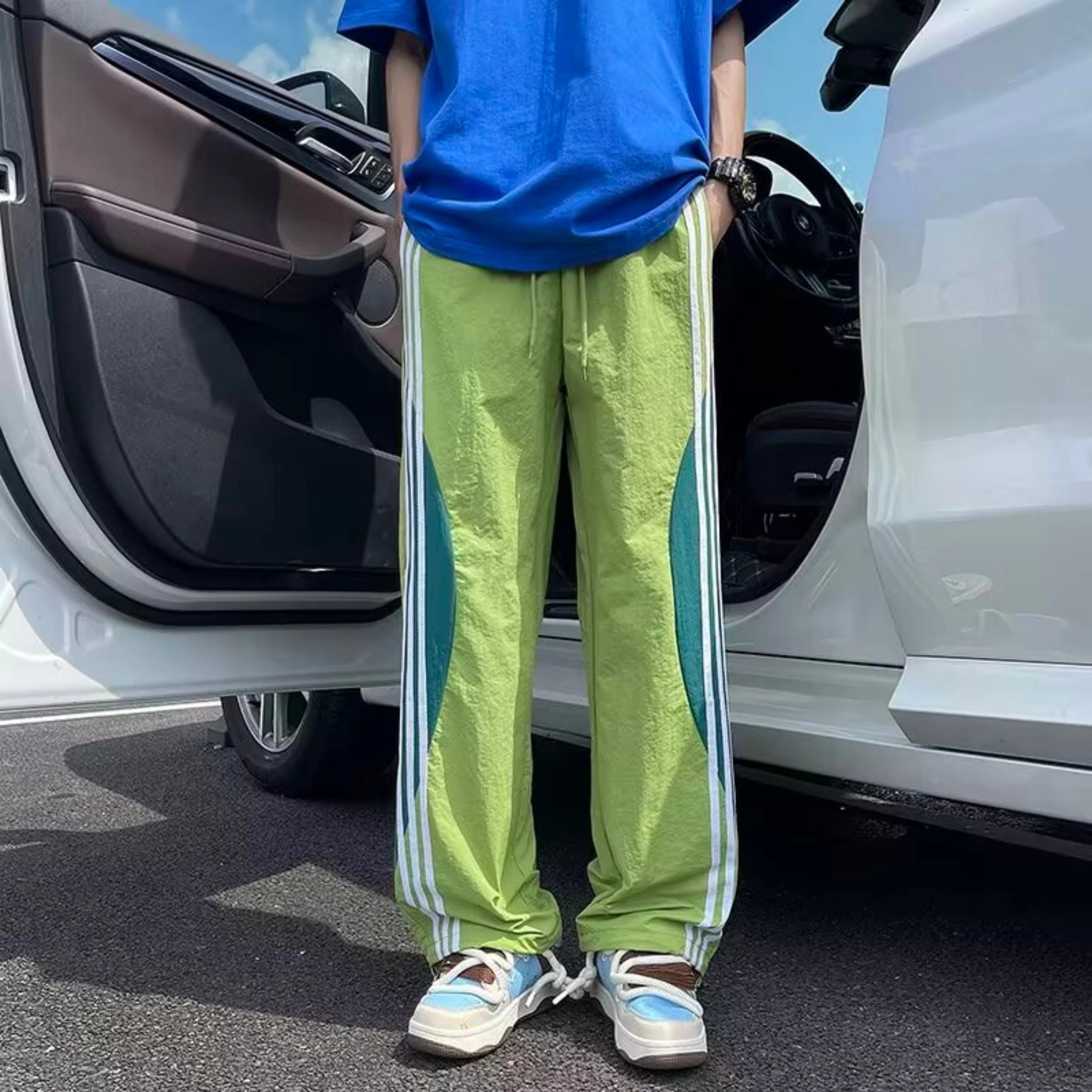 寻星记 美式复古高街风侧边三条杠拼接阔腿潮流运动直筒裤休闲裤 男女同款