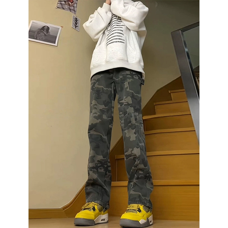 佑麟 美式复古迷彩裤夏季薄款潮牌高街军绿色伐木裤子直筒工装裤休闲裤 男女同款