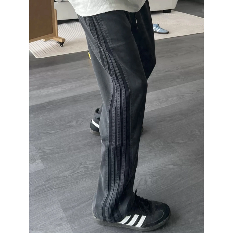 佑麟 条纹裤子美式三条杠潮牌直筒裤工装伐木阔腿运动长裤休闲裤 男女同款