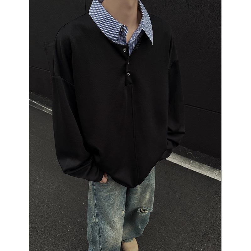 佑麟 拼接假两件复古衬衫高级翻领美式宽松休闲长袖卫衣 男女同款