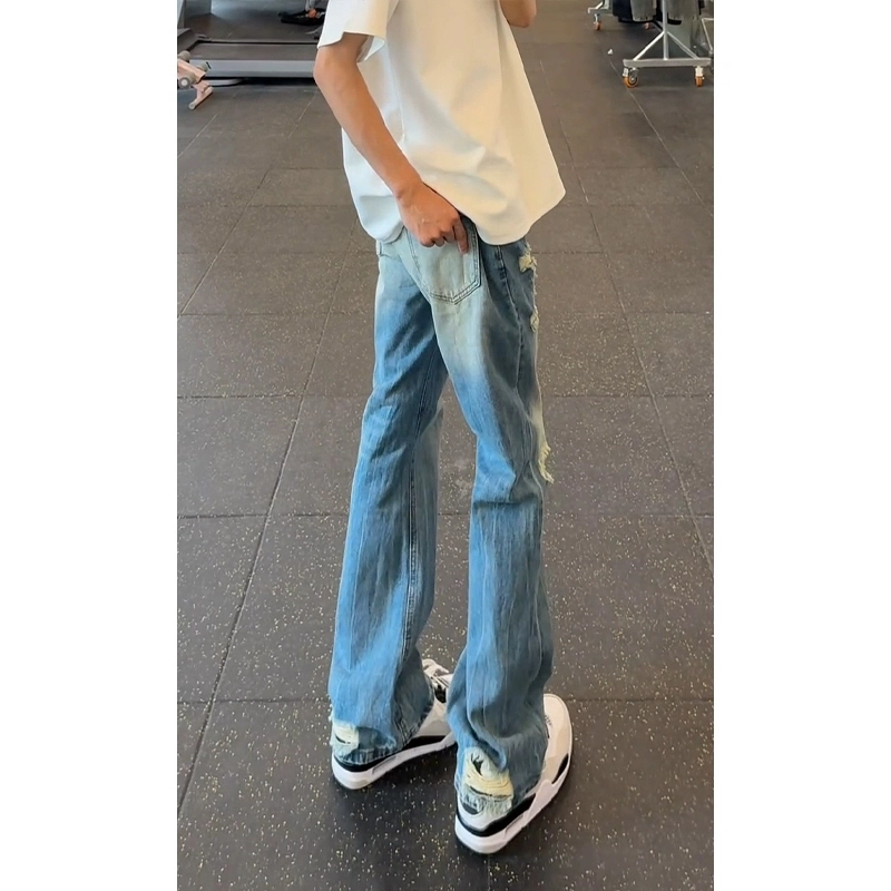 佑麟 渐变破洞款美式高街潮牌痞帅炸街裤子窄版直筒微喇裤牛仔裤 男女同款