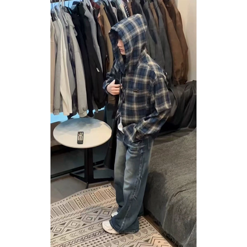 佑麟 连帽格子潮牌美式复古外套叠穿内搭防晒长袖衬衫 男女同款
