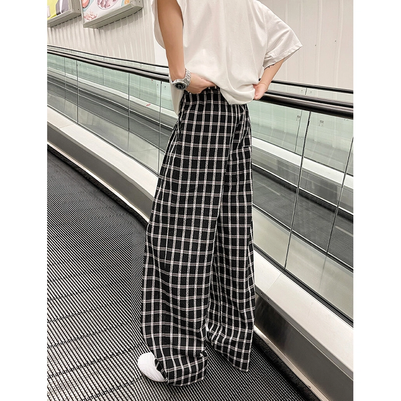 佑麟 藏青色泡泡纱格子裤夏季薄款慵懒松弛感凉感冰丝裤子直筒阔腿裤休闲裤 男女同款