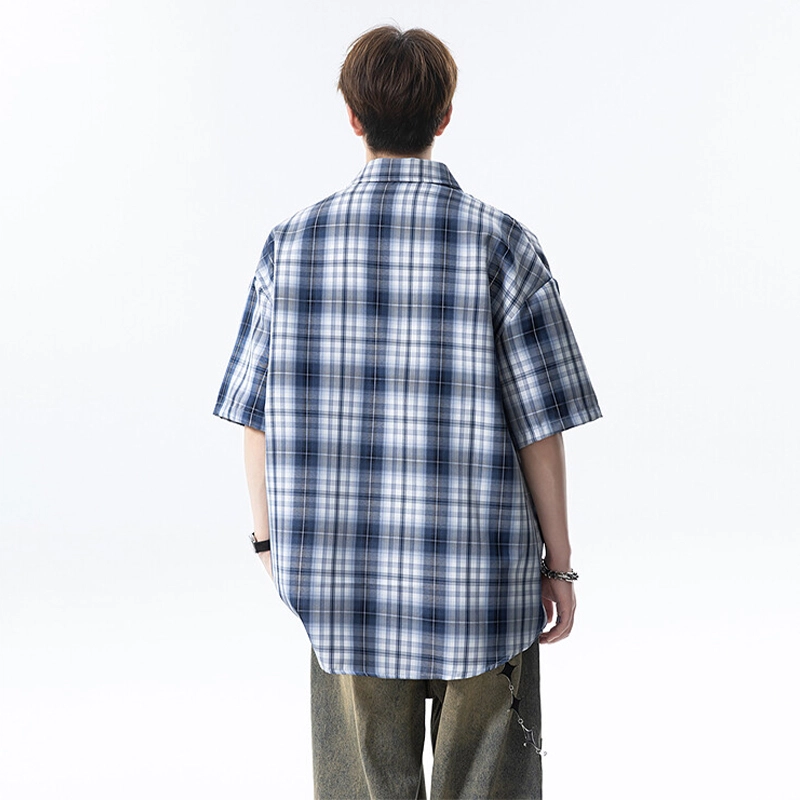 佑麟 复古休闲格子翻领宽松短袖衬衫 男女同款
