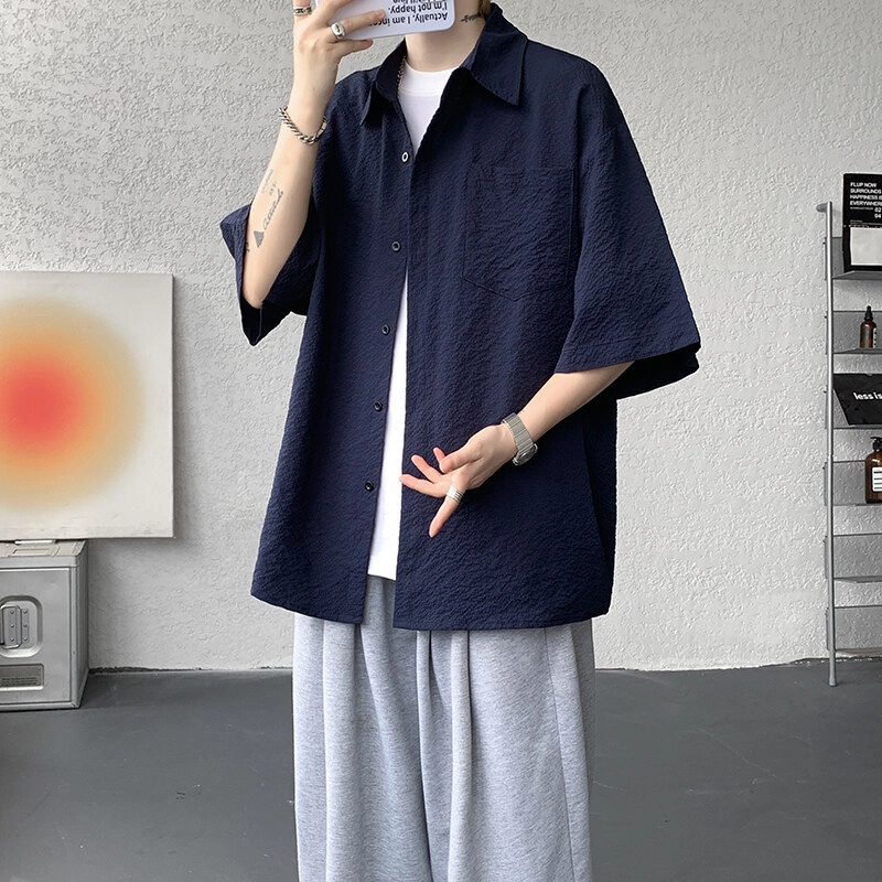 佑麟 冰丝短袖高级感痞帅肌理感夏季特大码半袖衬衫 男女同款