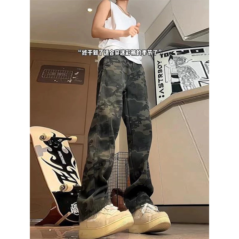佑麟 美式复古迷彩裤夏季薄款潮牌高街军绿色伐木裤子直筒工装裤休闲裤 男女同款