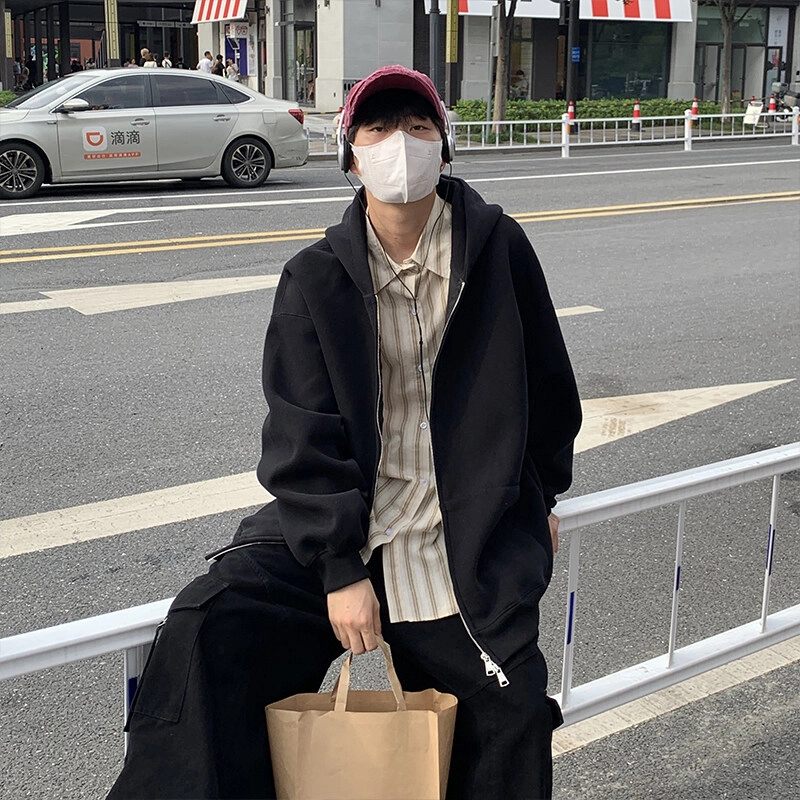 佑麟 美式简约纯色复古休闲开衫质感连帽外套卫衣 男女同款