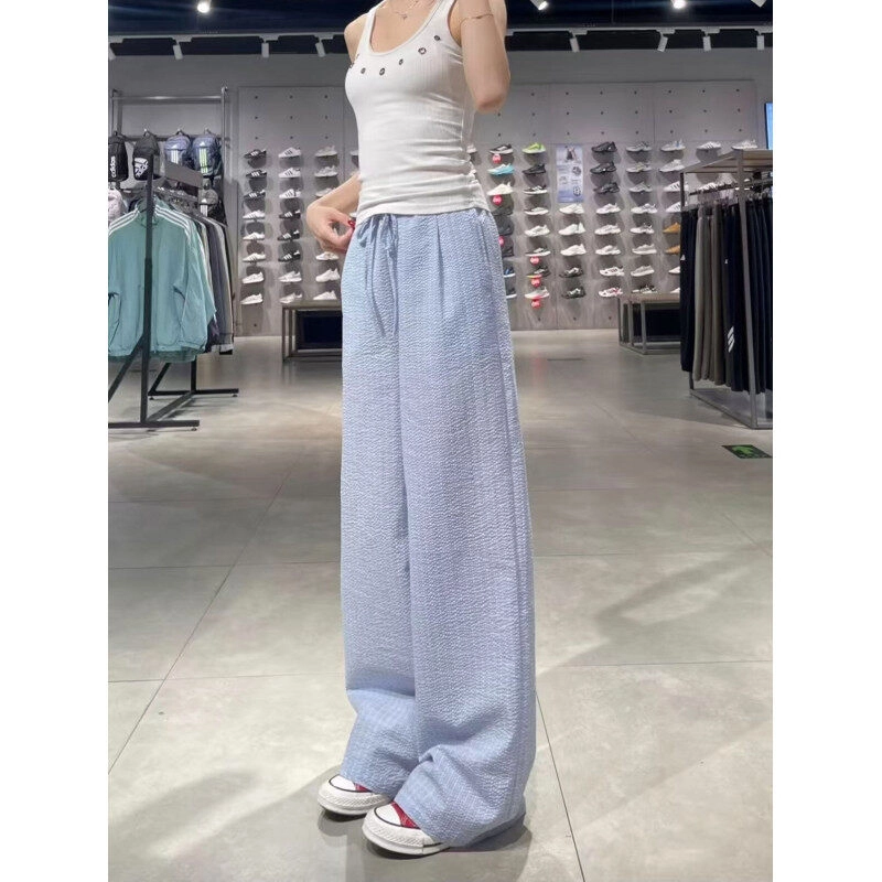 佑麟 慵懒风格子裤夏薄款木耳边阔腿裤子高个子加长泡泡纱格纹裤休闲裤 男女同款