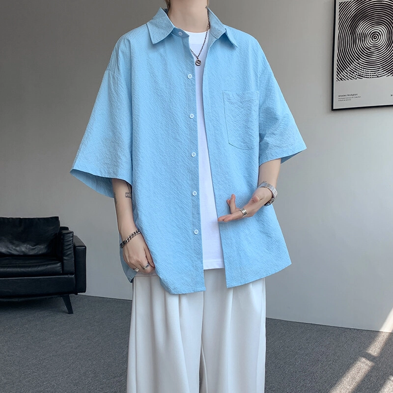 佑麟 冰丝短袖高级感痞帅肌理感夏季特大码半袖衬衫 男女同款