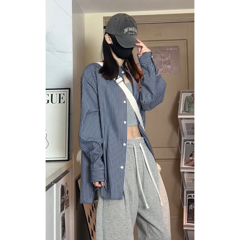 佑麟 日系潮牌廓形宽松条纹长袖外套春秋季复古流行情侣衬衣衬衫 男女同款