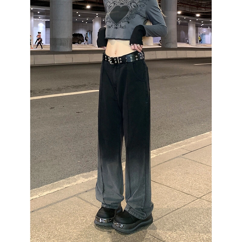 佑麟 美式复古渐变牛仔裤夏季设计感小众梨型身材高腰遮胯显瘦直筒裤裤子 男女同款
