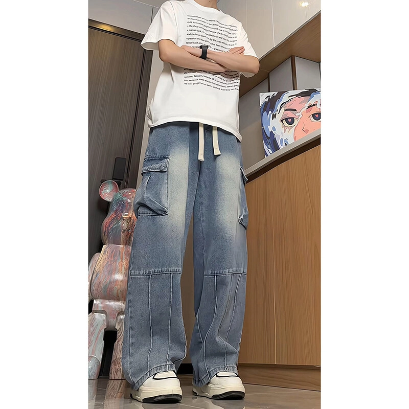 佑麟 拼接工装夏季美式痞帅大口袋阔腿裤子直筒弯刀休闲裤牛仔裤 男女同款