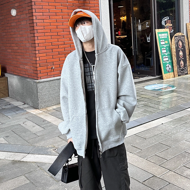 佑麟 美式简约纯色复古休闲开衫质感连帽外套卫衣 男女同款