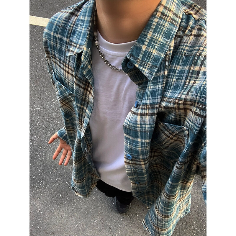佑麟 格子美式复古格纹衬衣少年感长袖衬衫 男女同款