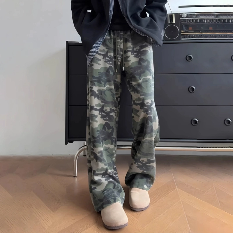 佑麟 美式水洗迷彩高腰卫裤秋季高级感潮牌运动裤弯刀直筒裤子休闲裤 男女同款
