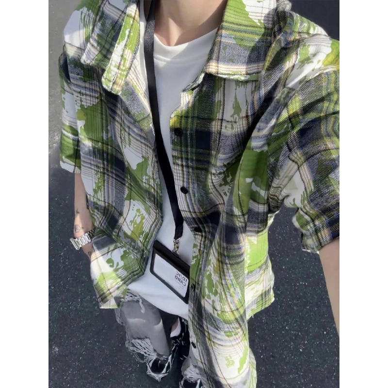 佑麟 扎染衬衫男夏季潮牌美式复古衬衣半袖高级感穿搭情侣外套短袖 男女同款