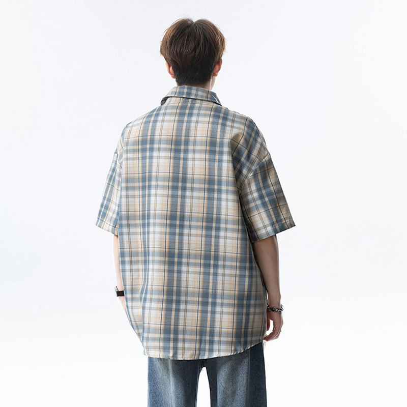 佑麟 复古休闲格子翻领宽松短袖衬衫 男女同款