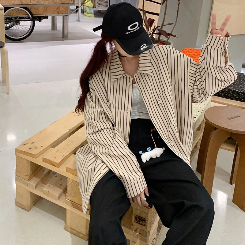佑麟 长袖男春季日系少年感百搭小众美式外套宽松休闲翻领衬衣衬衫 男女同款
