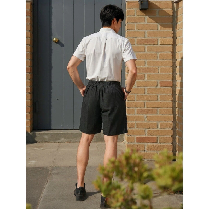佑麟 老钱风亚麻薄高级感痞帅五分裤宽松运动裤夏季休闲短裤 男女同款