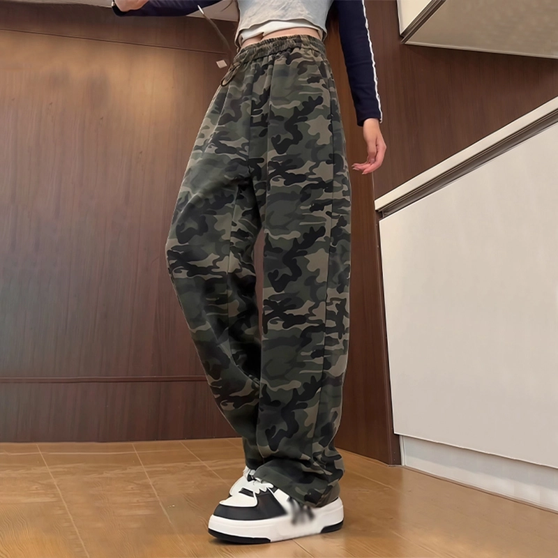 佑麟 美式复古迷彩裤秋季直筒运动卫裤宽松阔腿裤子垂感高腰休闲裤 男女同款