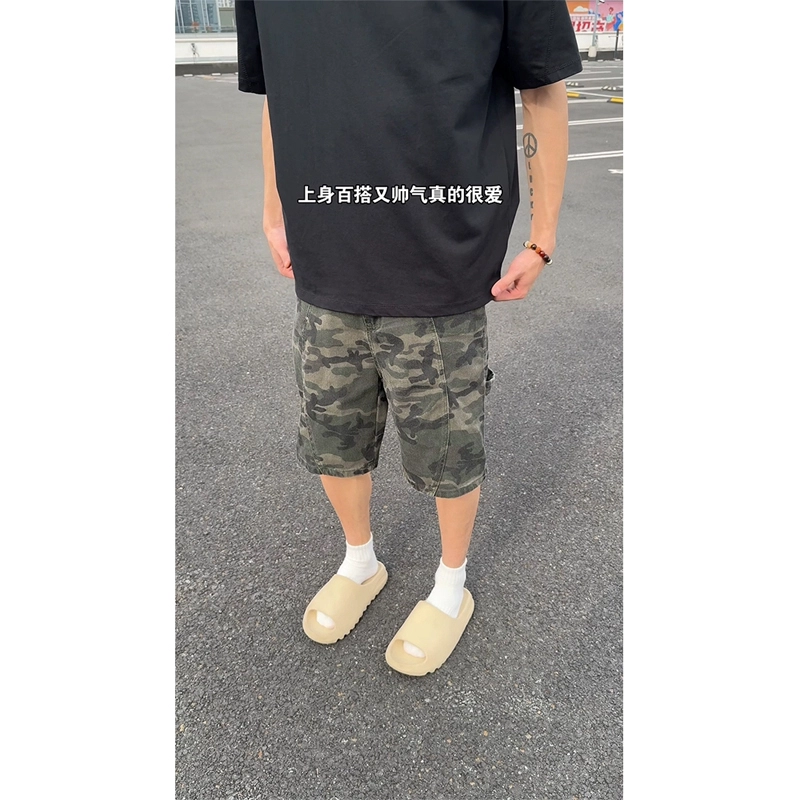 佑麟  美式高街迷彩短裤夏季牛仔工装裤子潮牌痞帅炸街水洗做旧中裤休闲短裤中裤 男女同款