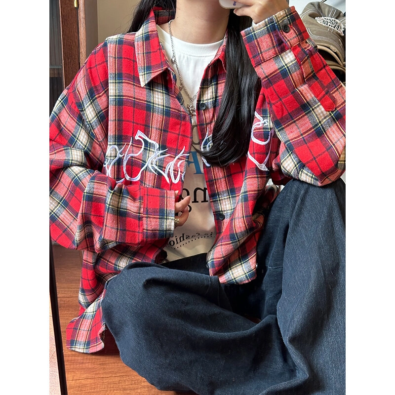 佑麟 格子设计感美式复古宽松潮牌格纹外套长袖衬衫 男女同款
