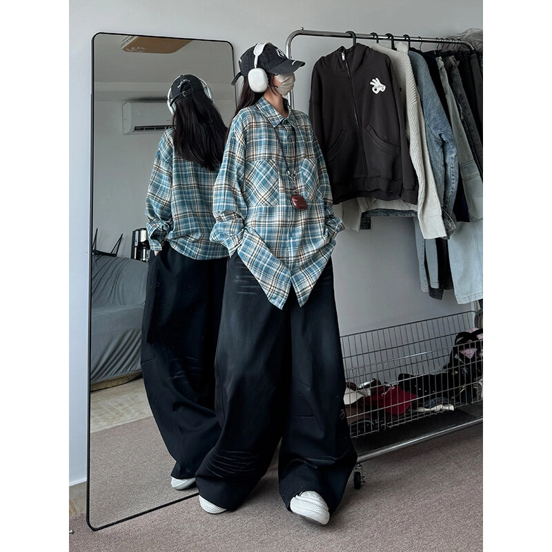 佑麟 格子美式复古格纹衬衣少年感长袖衬衫 男女同款
