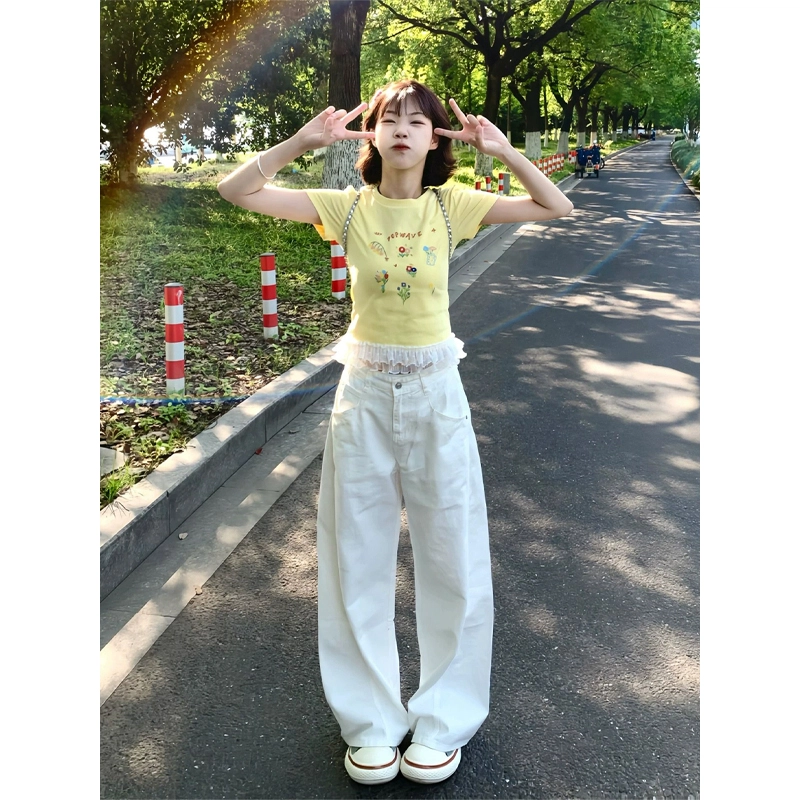 佑麟 弯刀牛仔裤夏薄款镰刀高腰阔腿裤子美式高街宽松直筒工装裤长裤 男女同款