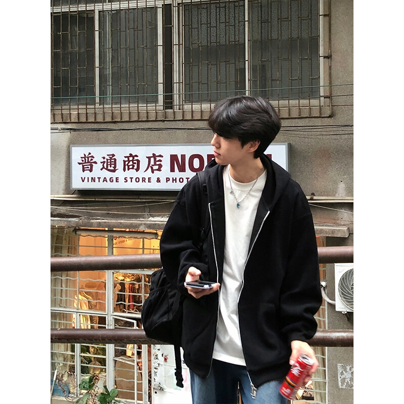 佑麟 美式简约纯色复古休闲开衫质感连帽外套卫衣 男女同款