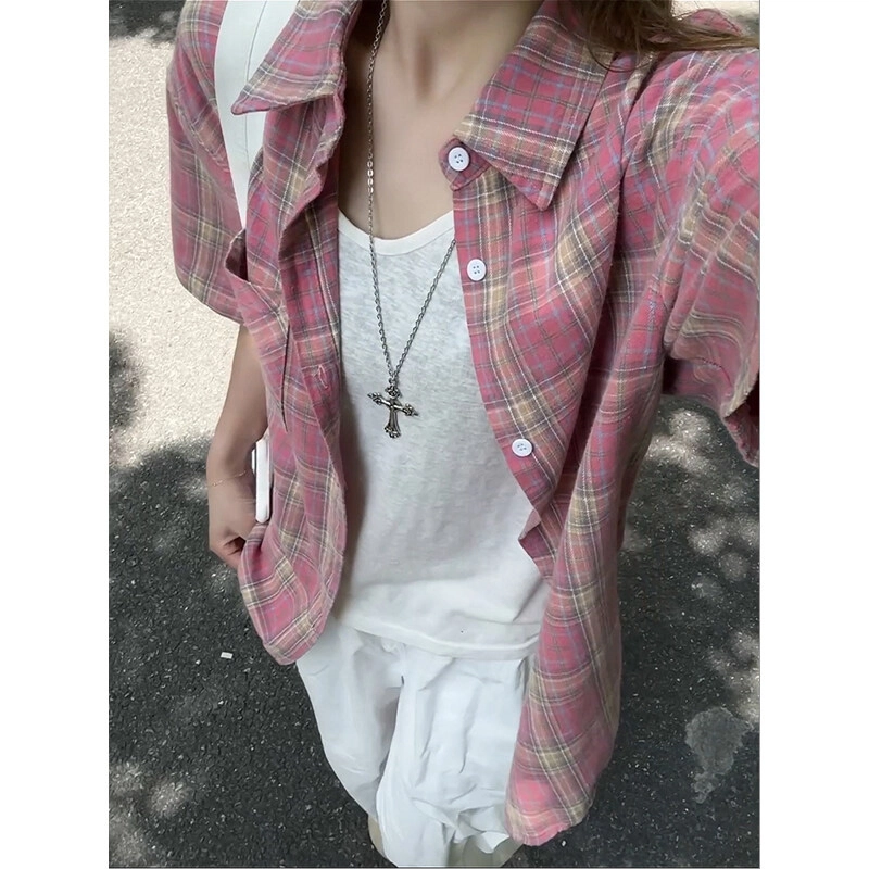 佑麟 美式复古格子磨毛格纹衬衣防晒开衫薄款短袖衬衫 男女同款
