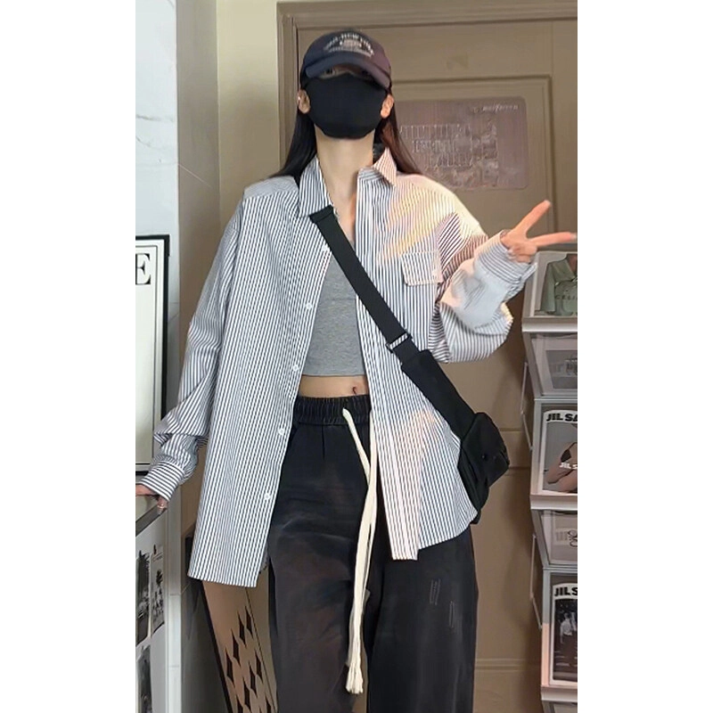 佑麟 日系潮牌廓形宽松条纹长袖外套春秋季复古流行情侣衬衣衬衫 男女同款