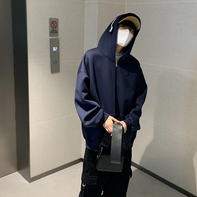 佑麟 美式简约纯色复古休闲开衫质感连帽外套卫衣 男女同款