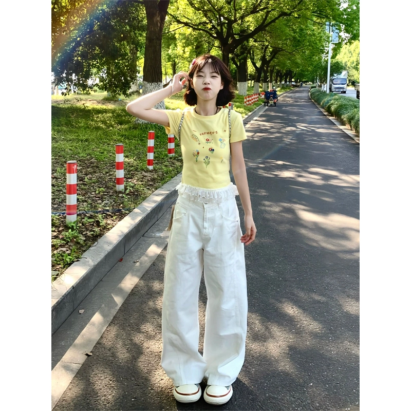 佑麟 弯刀牛仔裤夏薄款镰刀高腰阔腿裤子美式高街宽松直筒工装裤长裤 男女同款