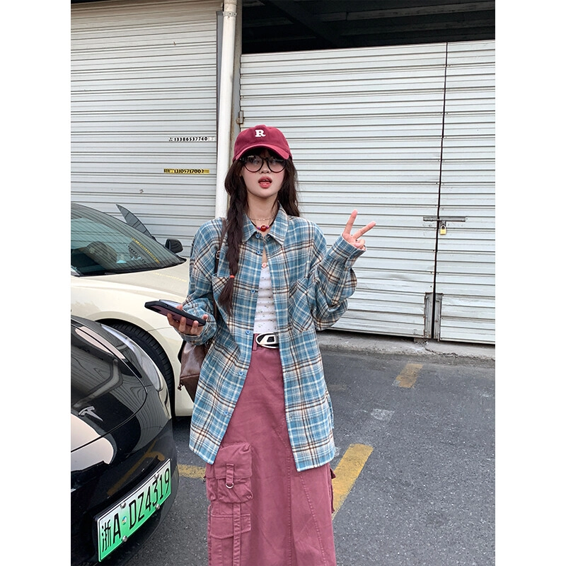 佑麟 格子美式复古格纹衬衣少年感长袖衬衫 男女同款