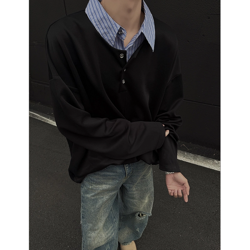 佑麟 拼接假两件复古衬衫高级翻领美式宽松休闲长袖卫衣 男女同款