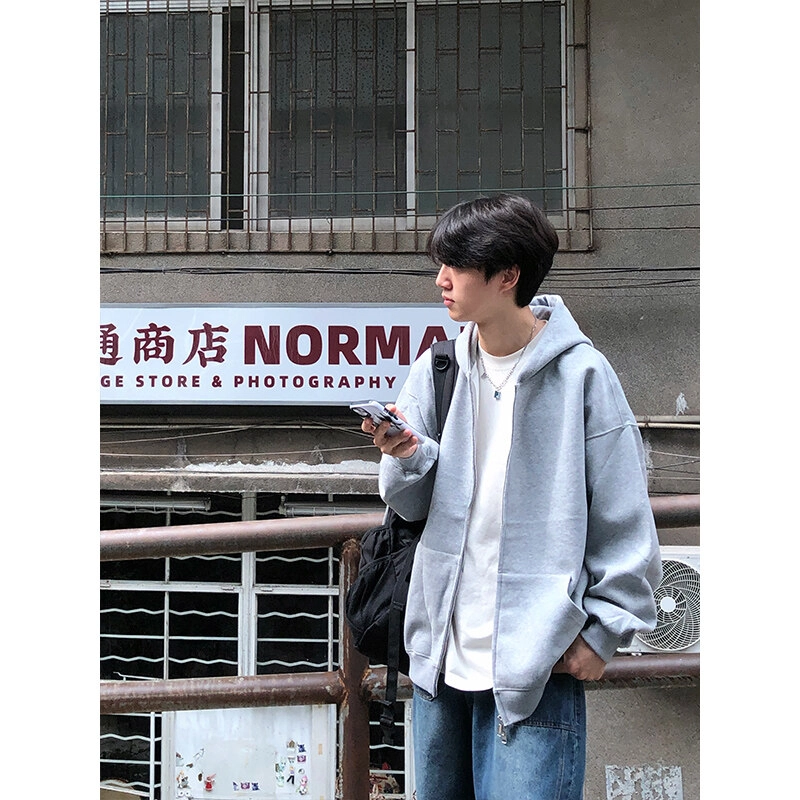 佑麟 美式简约纯色复古休闲开衫质感连帽外套卫衣 男女同款