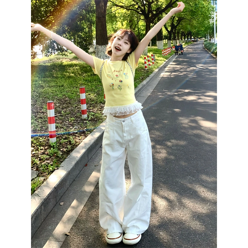佑麟 弯刀牛仔裤夏薄款镰刀高腰阔腿裤子美式高街宽松直筒工装裤长裤 男女同款