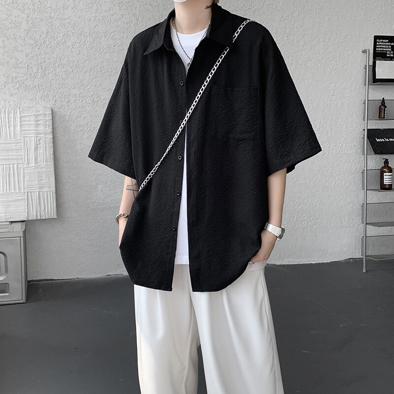 佑麟 冰丝短袖高级感痞帅肌理感夏季特大码半袖衬衫 男女同款