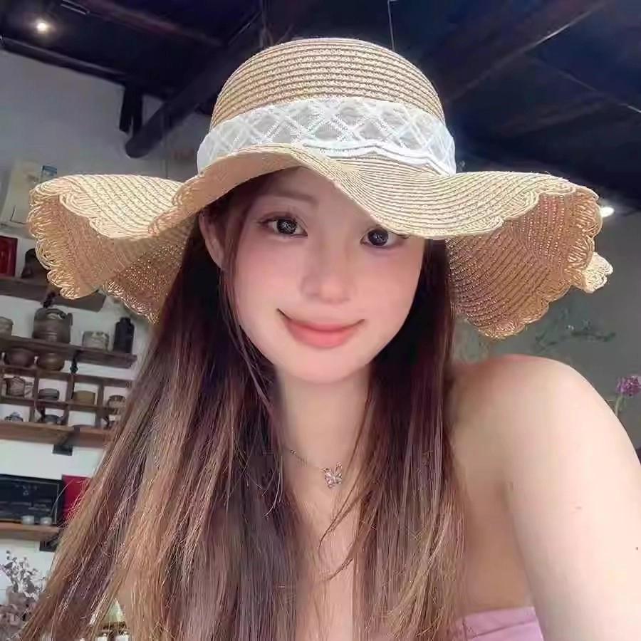 小猪班纳 夏季遮阳时尚海边沙滩透气蕾丝蝴蝶结大檐 聚酯纤维 防晒帽 女款
