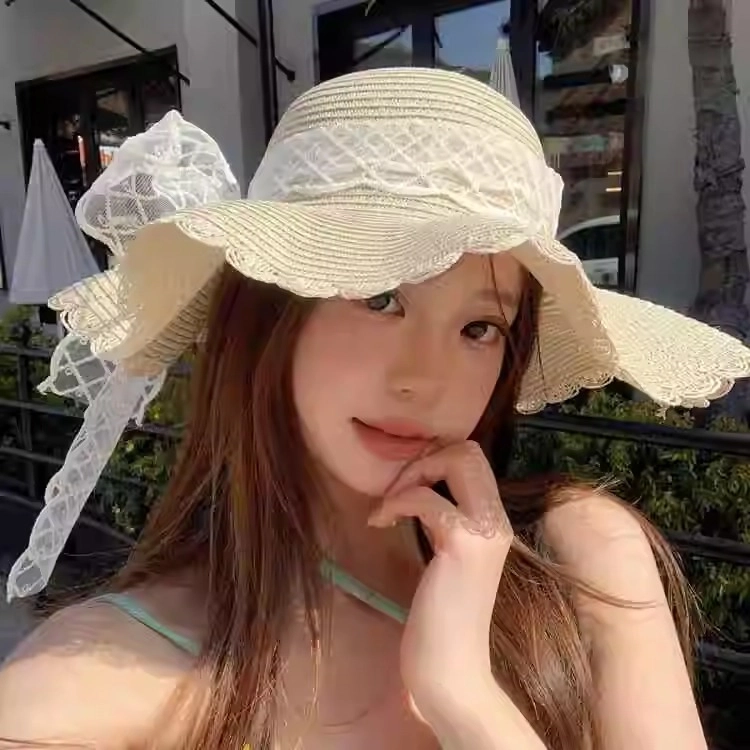 小猪班纳 夏季遮阳时尚海边沙滩透气蕾丝蝴蝶结大檐 聚酯纤维 防晒帽 女款
