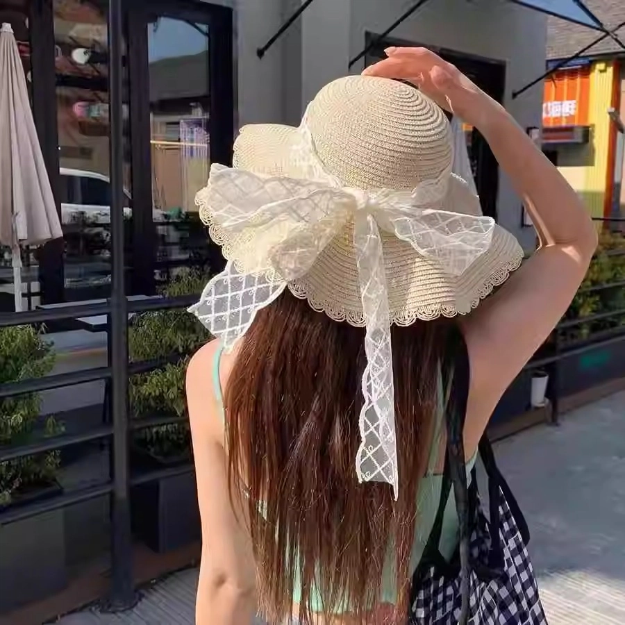 小猪班纳 夏季遮阳时尚海边沙滩透气蕾丝蝴蝶结大檐 聚酯纤维 防晒帽 女款