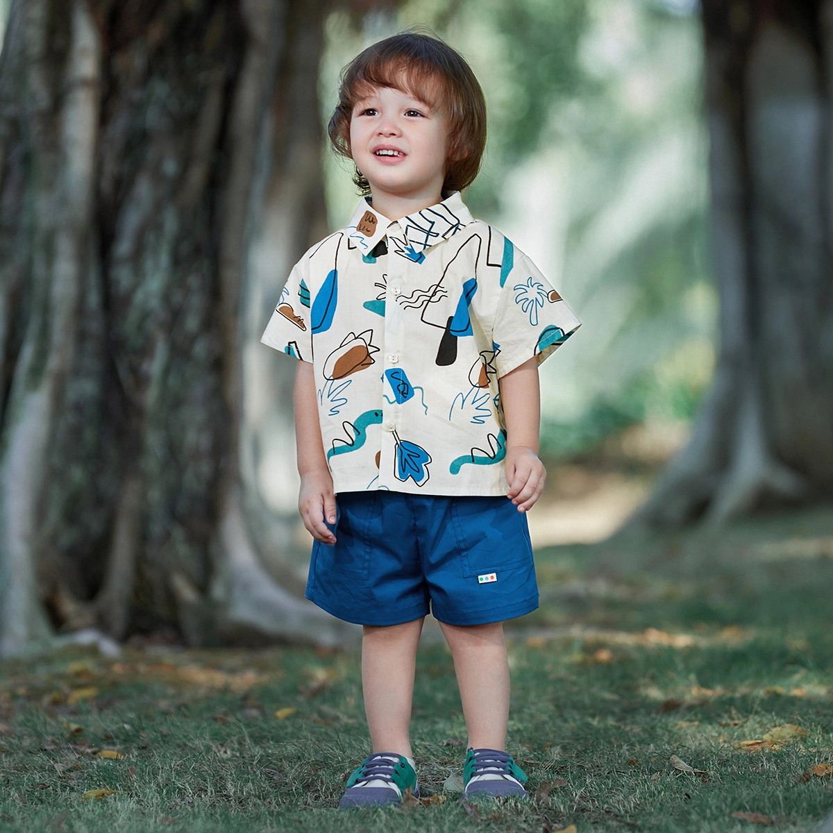啊咪啦 卡通动漫几何印花短袖衬衫婴幼儿套装 儿童款