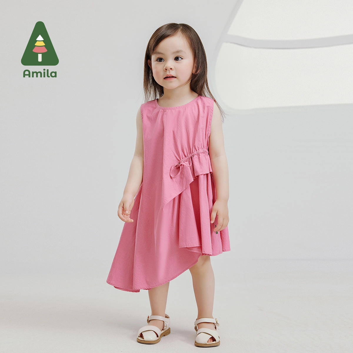 婴童 啊咪啦 圆领舒适纯色抽绳不规则无袖婴幼儿连衣裙 玫红