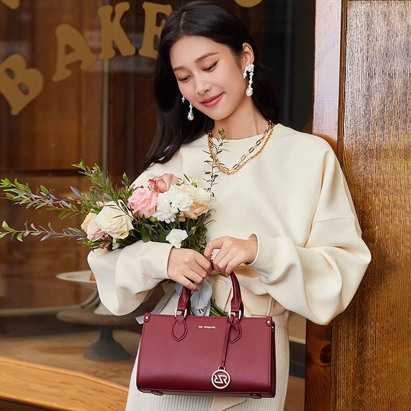 红蜻蜓 气质高雅高级时尚 牛剖层皮革 戴妃包手提包 中号 女款 多色