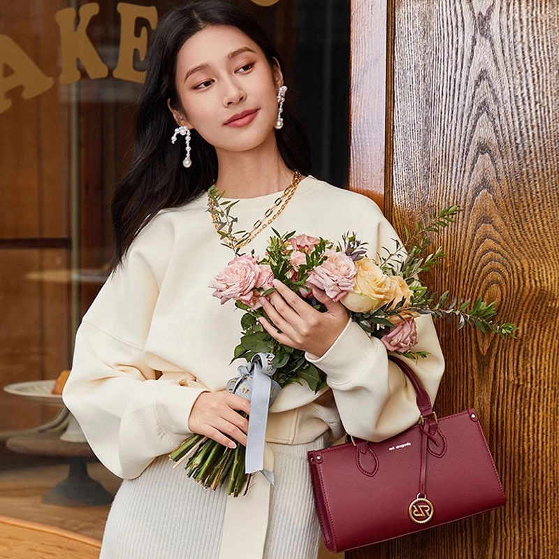 红蜻蜓 气质高雅高级时尚 牛剖层皮革 戴妃包手提包 中号 女款 多色